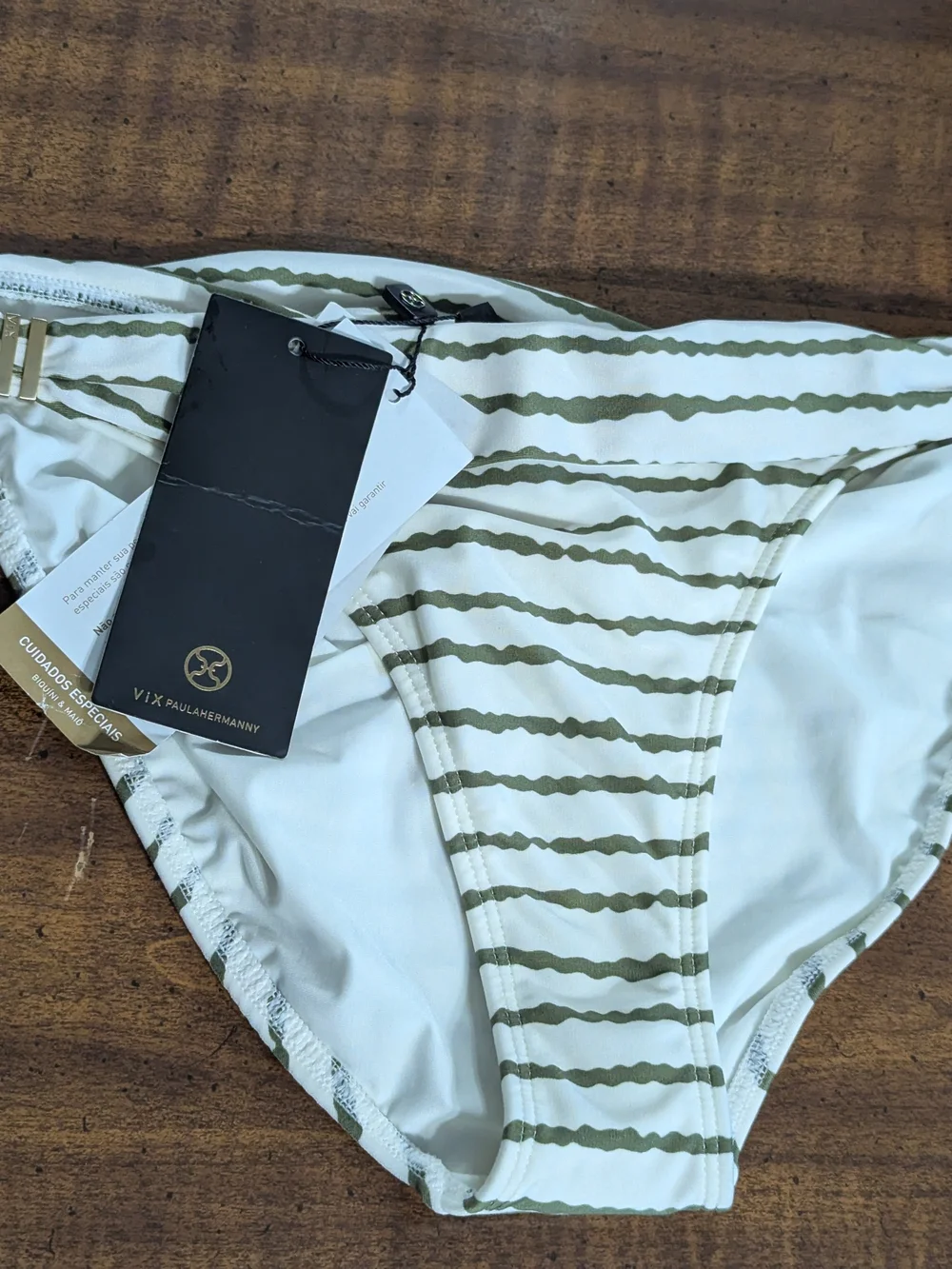 Striped Olive & White Bikini Bottom with Gold Accent